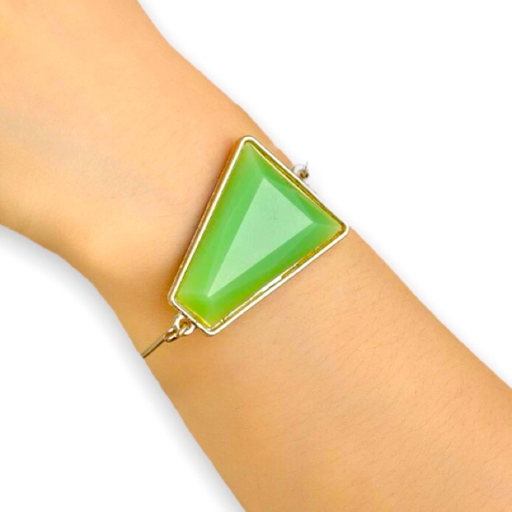 New Bohemian 9k Gold Framed Stone Chalcedony Handmade Geometric Bangle Bracelet